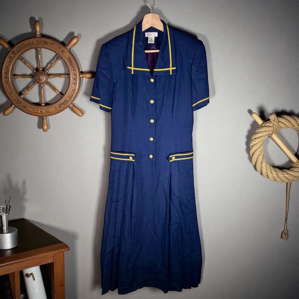 ⭐️Talbots's VTG Women's 4 Navy Blue & Gold Nautical Linen Blend S/S Midi Dress
